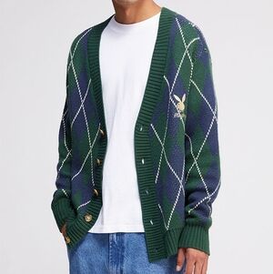 Playboy by PacSun Argyle Cardigan Sweater Acrylic Bunny Logo Preppy Y2K Large